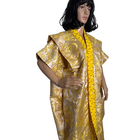 Vintage Y2K OOAK Gold Brocade Baroque Robe with Studded Yellow Trim medium - Picture 3 of 14